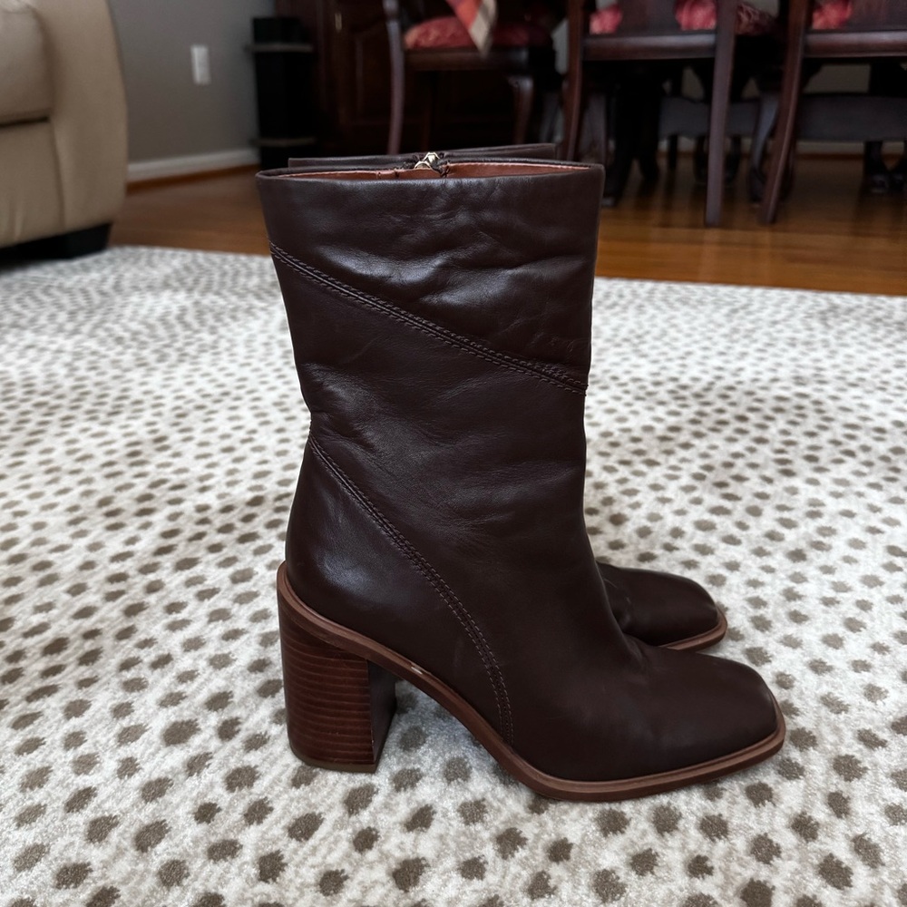 Franco Sarto Womens leather Stevie Mid Shaft Boots DARK BROWN